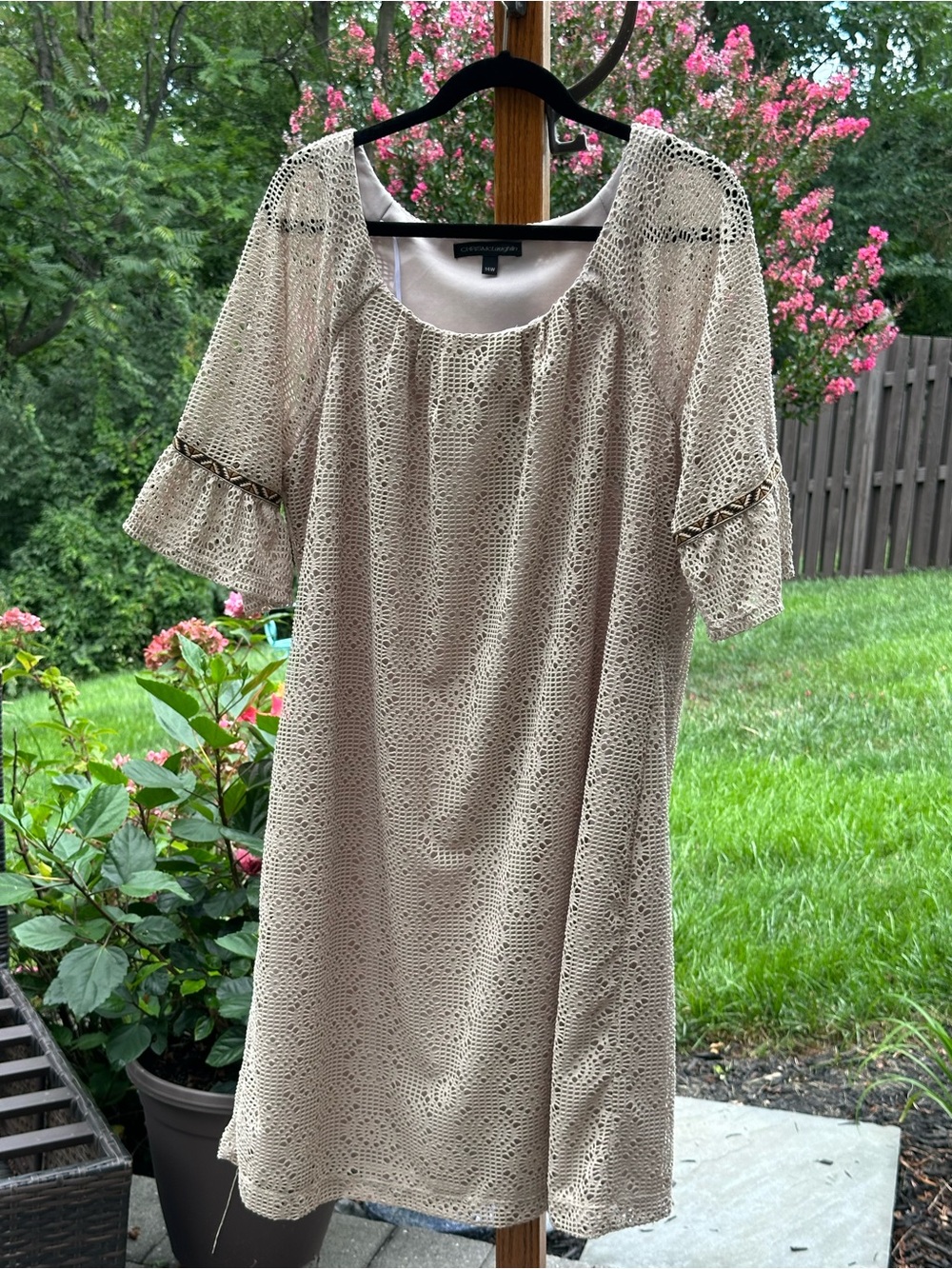 Chris McLaughlin 14W Beige Lace Shift Dress Bell Sleeve Boho